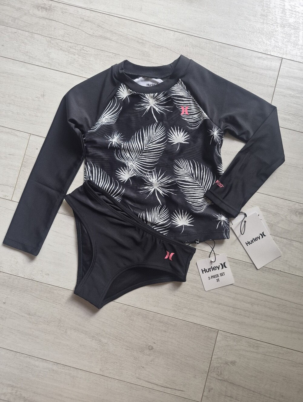 HURLEY NEW Girls Midnight Palms Rashguard Swim Top & Bikini Bottoms